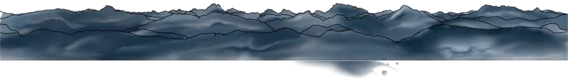 Painted panorama of layered blue mountain ridges, with a single drop of ink falling from the horizon